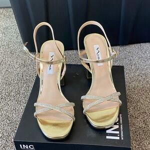 INC International Concepts Lexini Gold and Silver Strappy Heels Size 8
